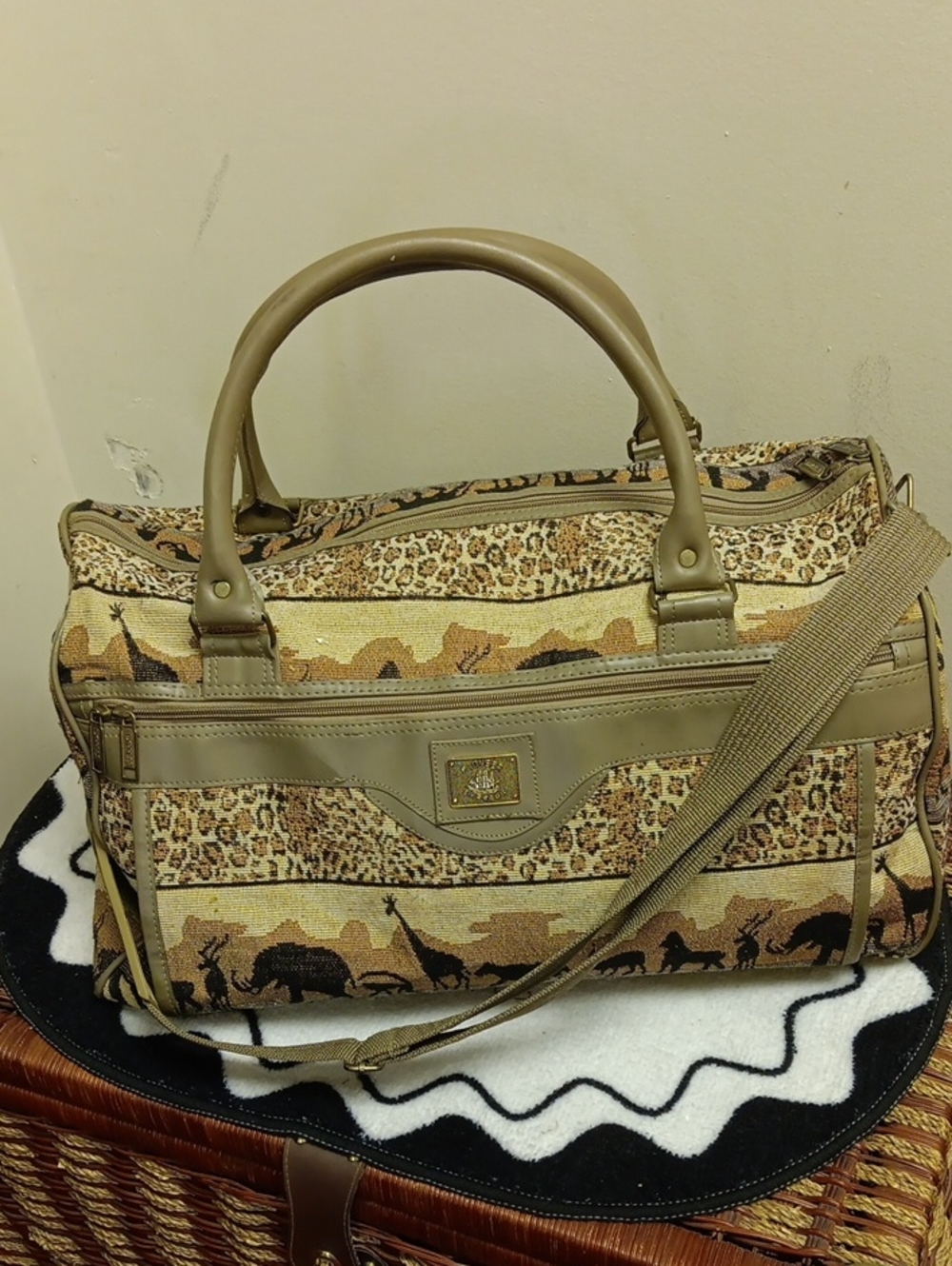 Safari-Pattern Travel Duffel Bag in Tan